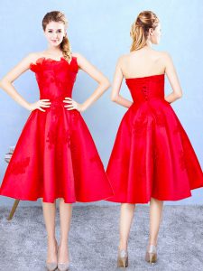 Red A-line Satin Strapless Sleeveless Lace Tea Length Lace Up Vestidos de Damas