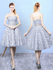 Grey Lace Lace Up Quinceanera Court Dresses Sleeveless Knee Length Lace