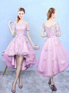 Pretty High Low Rose Pink Court Dresses for Sweet 16 Off The Shoulder Short Sleeves Lace Up