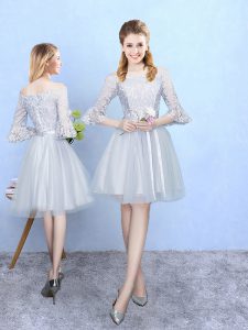 Light Blue Quinceanera Court of Honor Dress Wedding Party with Lace Off The Shoulder Half Sleeves Lace Up