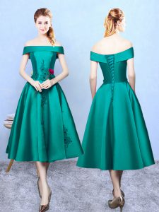 Tea Length Lace Up Damas Dress Dark Green for Prom and Party with Appliques