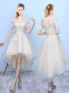 Champagne A-line Off The Shoulder Sleeveless Organza High Low Lace Up Appliques Quinceanera Dama Dress