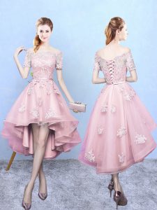 High Low Lace Up Vestidos de Damas Baby Pink for Prom and Party and Wedding Party with Lace