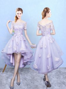 Modest Off The Shoulder Short Sleeves Quinceanera Court of Honor Dress High Low Lace Lavender Tulle