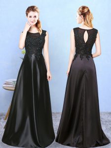High Class Floor Length Zipper Quinceanera Court of Honor Dress Black for Wedding Party with Beading