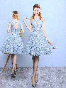 Flare Baby Blue A-line Lace Square Long Sleeves Lace Knee Length Lace Up Quinceanera Court Dresses