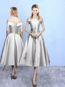 Comfortable Silver A-line Appliques Damas Dress Lace Up Taffeta Sleeveless Tea Length