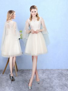 Latest White Lace Up Square Lace Quinceanera Dama Dress Tulle Half Sleeves