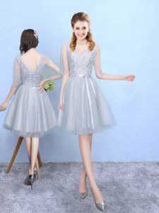 Colorful Light Blue V-neck Neckline Lace Quinceanera Court of Honor Dress Half Sleeves Lace Up