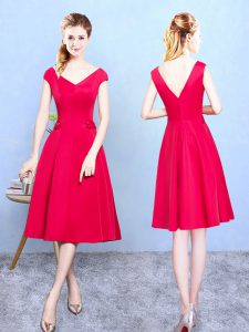Hot Sale Red Empire Satin V-neck Cap Sleeves Ruching Tea Length Zipper Quinceanera Court Dresses