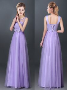 Shining Scoop Sleeveless Quinceanera Court of Honor Dress Floor Length Lace and Hand Made Flower Lavender Tulle
