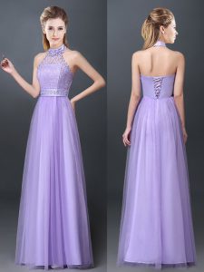 Most Popular Halter Top Lavender Sleeveless Tulle Lace Up Quinceanera Court Dresses for Prom and Party