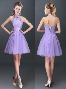 Fancy Halter Top Lavender Sleeveless Mini Length Lace and Appliques Lace Up Court Dresses for Sweet 16