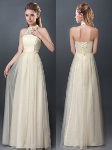Halter Top Champagne Sleeveless Floor Length Lace and Appliques Lace Up Vestidos de Damas