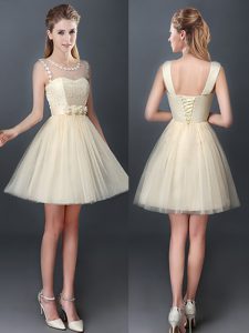 Scoop Lace and Hand Made Flower Vestidos de Damas Champagne Lace Up Sleeveless Mini Length