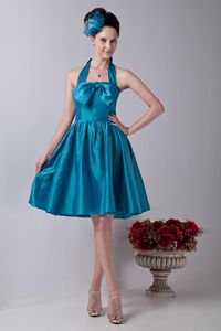 Halter Taffeta Quinceanera Dama Dresses in Teal with Bowknot