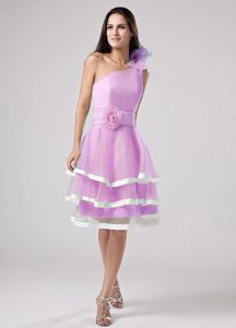New One Shoulder Pink Dama Dress with Ruffled-layers and Flower
