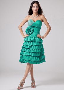 Sweetheart Dama Dress in Turquoise with Ruffled-layers and Flower
