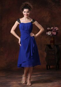 Elegant Straps Tea-length Ruched Navy Blue Quince Dama Dresses