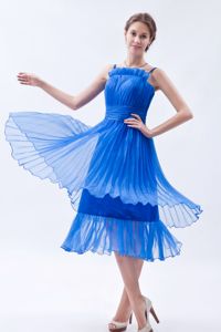 Pleated Straps Tea-length Ruched Blue Quinceanera Dama Dresses