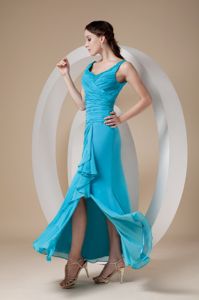 Straps Ruched Ankle-length Quince Dama Dresses in Teal with Slit