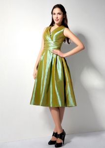 Olive Green V-neck A-line Tea-length Dama Dress with Ruches