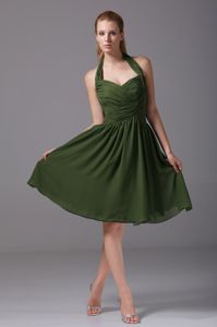 Discount Halter Ruched A-line Party Dama Dress in Olive Green