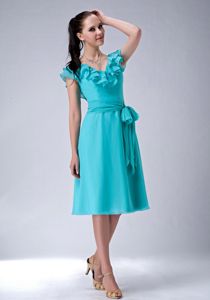 Turquoise Blue V-neck Empire Chiffon Damas Dress with Sash