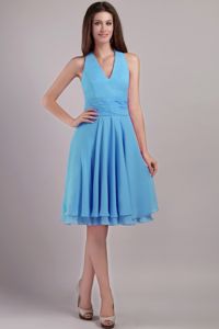 Knee-length Halter Empire Chiffon Dama Dress in Aqua Blue