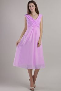 Ruche V-neck Empire Ankle-length Chiffon Dama Dress in Lilac
