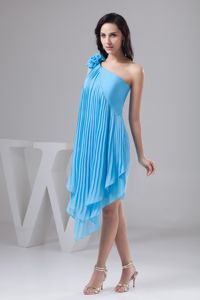 Aqua Blue Asymmetrical Dama Dress with Pleats and Flowers