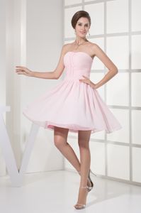 Light Pink Ruched and Beaded Mini-length Strapless Dama Dress