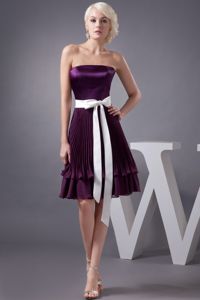 Strapless Dama Dress in Eggplant Purple with Sash and Pleats