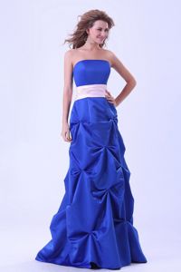 Blue Strapless Party Dama Dress with Pick-ups and Pink Sash