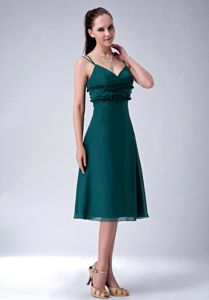 Tea-length Dark Green Straps Prom Dama Dress with Applique