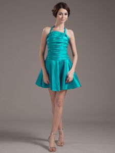 Turquoise Halter Ruche Mini-length Dama Dress With Beading