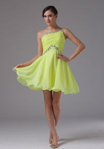 Ruched One Shoulder Beading Dress for Dama in Yellow Green