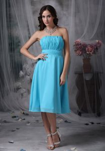 Chiffon Aqua Blue Knee-length Empire Ruche Prom Dama Dress