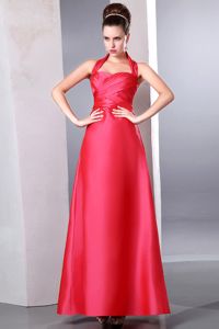 Halter Column Ankle-length Ruched Dama Dress in Coral Red