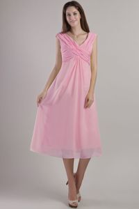 Ankle-length Pink Chiffon Empire V-neck Dresses for Damas