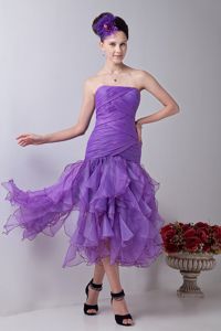 Mermaid Tea-length Lavender Organza Ruched Prom Dama Dress