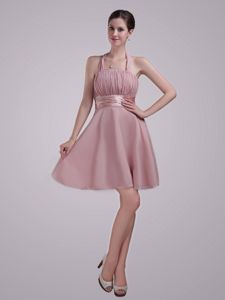 Short Pink Halter Chiffon Ruched Dama Quinceanera Dresses