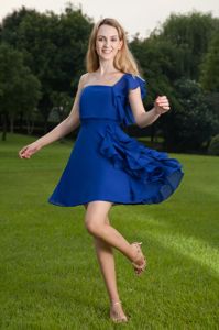 Mini-length Blue Chiffon One Shoulder Prom Dress for Damas