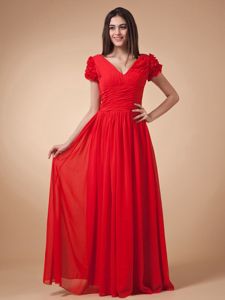 Red Prom Dresses For Dama V-neck Short Sleeves Floor-length