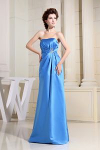 Strapless Ruched Floor-length Sky Blue Bridemaid Dama Dress