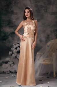 Column Halter Bridesmaid Dama Dress Ruched Floor-length in Gold