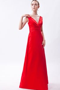 Column V-neck Floor-length Red Ruching Prom Dresses For Dama