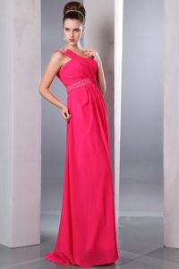 Hot Pink Empire One Shoulder Beading Dama Dress For Quince