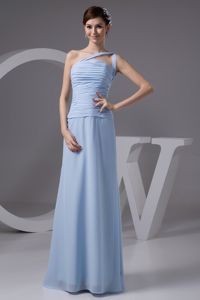 One Shoulder Ruched Long Prom Dresses For Dama in Light Blue