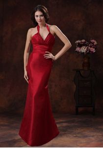 Red Mermaid Halter Bridesmaid Dama Dresses Floor-length